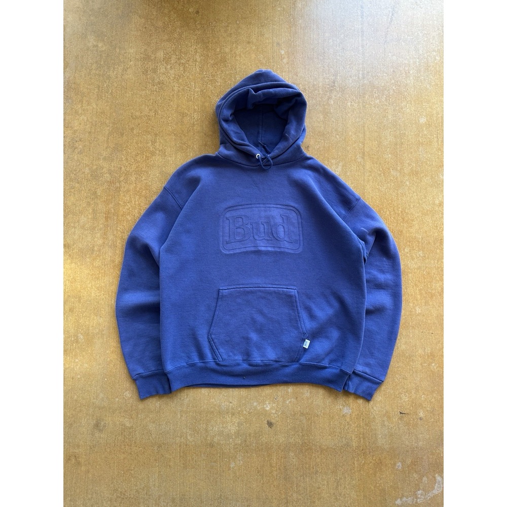 VTG 80s 90s Bud Light Beer Promo Puff Logo 3D Embossed Hoodie Discus Athletic L